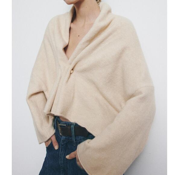 Zara Wool Blend Long Sleeve Gathered Front Minimalist Cardigan Sweater S - Picture 1 of 7